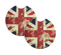 Vintage Union Jack British Flag Car Coasters for Cup Holders 2 Pack, 2.7 Inch Universal Non-Slip Insert Water Bottle Holder Pads for Women Men Absorbent Drink Cup Coaster with Finger Notch