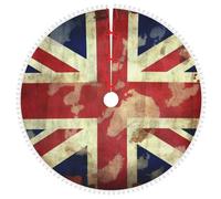 Vintage Union Jack British Flag Christmas Tree Skirt with Pom Trim Christmas Tree Mat Xmas Tree Skirt Ornaments Soft Xmas Tree Holiday Ornaments Christmas Tree Decorations for Home Party