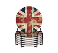 Vintage Union Jack British Flag Coasters Set of 6 Ceramic Coaster with Holder Absorbent Coasters for Drinks Heat Resistant Coffee Table Coasters Cup Pad for Kitchen Office Home Decoration