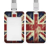 Vintage Union Jack British Flag Id Badge Holder Vertical Id Card Holder with Lanyard Breakaway Hard Heavy Duty Name Tags Badge Holders Waterproof Work Card Holders Protector for Nurse Officer Teacher