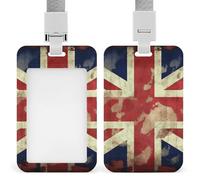 Vintage Union Jack British Flag ID Badge Holder with Lanyard - Hard Plastic ID Card Holder Waterproof Name Tag Holders, Heavy Duty Badge Reel Vertical Card Protector for Office Nurse Teacher