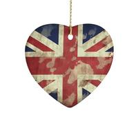 Vintage Union Jack British FlagChristmas Tree Heart Ornaments Rustic Ceramic Xmas Tree Penadnt with Hanging String Vintage Double-Sided Holiday Party Ornaments for Xmas Gifts