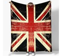 Vintage Union Jack Throw Blanket, 127 x 152 cm Shabby British Flag Warm Cosy - Red Black Sherpa Blanket or Sofa Couch Bed Armchair, Winter bedroom Decorative Retro Accent