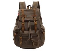 Vintage Unisex Casual Leather Backpack Canvas Rucksack Bookbag Satchel Hiking Backpack Travel Outdoor Shouder Bag (Brown)