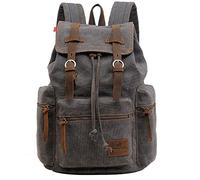 Vintage Unisex Casual Leather Backpack Canvas Rucksack Bookbag Satchel Hiking Backpack Travel Outdoor Shouder Bag (Grey) 27.9 x 16 x 41.9 cm