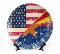 Vintage US And Arizona State Flag Printed Bone China Decorative Plate Ceramic Decorative Plate with Display Stand for Home Wall Decor