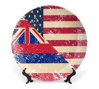 Vintage US And Hawaii State Flag Printed Bone China Decorative Plate Ceramic Decorative Plate with Display Stand for Home Wall Decor