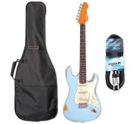 Vintage V6MRLB Electric Guitar Icon Distressed Laguna Blue with Bag and Keepdrum Cable