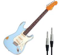 Vintage V6MRLB Electric Guitar Icon Distressed Laguna Blue with Keepdrum Cable