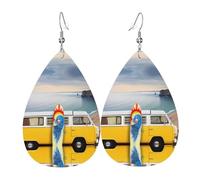 Vintage Van in The Beach with a Surfboard Patterned leather earrings, women's earrings, suitable for daily wear, party and date