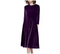 Vintage Velvet Dress for Women UK Plus Size Long Sleeve Maxi Dresses Casual Loose Fit Dress Elegant Bridesmaid Dress Ladies Solid Color Midi Dress Purple