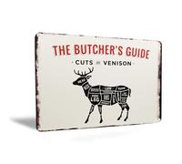 Vintage Venison Meat Cuts Sign - Rustic Metal Wall Decor, Deer Processing Chart Art for Kitchen, Cabin, Man Cave, Hunting Essentials & Gifts for Men Who Hunt - Butcher Wall Art 12"x8"