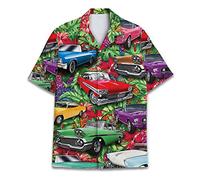 Vintage Version Funny Hawaiian Horror Halloween Tropical Flower Beach Gift Casual Short Sleeve Button Shirt, Car, XXXXXL