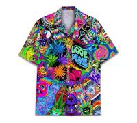 Vintage Version Funny Hawaiian Horror Halloween Tropical Flower Beach Gift Casual Short Sleeve Button Shirt, Peace Love Wf, XL