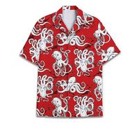 Vintage Version Funny Hawaiian Horror Halloween Tropical Flower Beach Gift Casual Short Sleeve Button Shirt, Octopus 1, Large