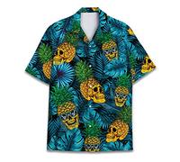 Vintage Version Funny Superheroes Eyes Casual Button Down Short Sleeve Holiday Summer Beach Hawaiian Shirt, Pineapple Skull, XL