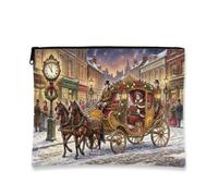 Vintage Victorian Winter Carriage Scene Horse-Drawn Makeup Bag 7x9 Inch | Victorian Winter Theme, Cosmetic Bag, Elegant Horse Carriage, Classic Town Square, Festive Holly Decorations