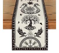 Vintage Viking Pattern Table Runner, 71x13In Black & White Viking Tree of Life Raven Helm of Awe Table Runner for Seasonal Kitchen Dining Table Decor Home Party, Wedding, Holiday Decorations