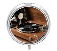 Vintage Vinyl Player pilldispenser with Mirror 3 Compartments Waterproof Pillcase for Purse Pocket Non-Slip Grip Travel Medicine Organizer Container Box for Vitamin Fish Oil Supplement