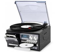 Vintage Vinyl Record Player with Bluetooth, CD, Cassette and FM Radio | 3-speed turntable with built-in speakers, USB, AM/FM radio and frosted dust cover for home use