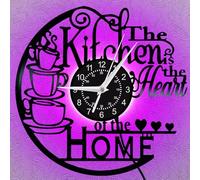 Vintage Vinyl Record Wall Clock, Unique Silent Kitchen Heart of Home Theme Clock, Coffee Bar Decor, Kitchen Living Room Decor, Christmas Valentine'S Day, New Year Gift for Women Wife (With LED, C)
