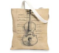 Vintage Violin Canvas Tote Bags, Artistic Music Print Reusable Grocery Bags, Lightweight Washable Shoulder Strap Canvas Bag, Beige, 13x15 Inch