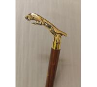Vintage Walking Cane with Brass Leaping Jaguar Handle, Wooden Shaft
