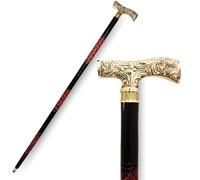 Vintage Walking Stick with Gold Brass Handle, Engraved Red and Black Shaft, Lightweight with Stable Grip (Regal Victorian T-Grip, Large)