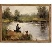 Vintage Wall Art, Boy Fishing Wall Decor Paintings, Dog and Boy Landscape Canvas Prints Vintage Country Farmhouse Artwork for Bedroom Living Room 24x16 inch Wood Framed