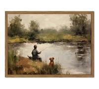 Vintage Wall Art, Boy Fishing Wall Decor Paintings, Dog and Boy Landscape Canvas Prints Vintage Country Farmhouse Artwork for Bedroom Living Room 24x16 inch Wood Framed