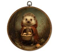 Vintage Wall Art Decor 10x10Inch, Funny Hedgehog Circular Wall Art Framed Canvas Print Decor, Hedgehog Garden Art Decor for Home Farmhouse Bedroom Living Room