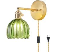 Vintage Wall lamp with Switch, E27 Adjustable Gold Wall Light Inside with Plug and Cable Retro Industrial Wall Reading lamp with Green Glass Shade Bedside lamp for Bedroom Office,2 Stück (One Color