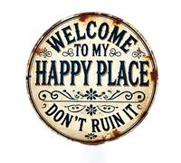 Vintage Wall Metal Sign, Funny Vintage Metal Sign, Welcome to My Happy Place Hanging Wall Plaque for Home Front Door Outdoor Garden Bar Yard Club Porch Decoration