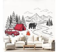 Vintage Wall Mural, Camping Bear Wallpaper, Wall Decals Home Decor TV Background Large Art Wallpaper Painting Posters Decor 356 x 256 cm