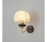 Vintage Wall Sconce, White Floral Fabric Shade Scalloped Bell Wall Lamp with Brass Arm & Walnut Solid Wood Base, E27 Hardwired Fixture, Light for Bedroom, Living Room, Bedside(20Cm/7.88In)/20Cm/7.87In