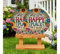 Vintage Wall Sign Welcome to My Happy Place Don't Ruin It, 12X12 Inch Round Metal Decor Sign, Cafe Bar Club Deck Yard Porch Wall Decor, Funny Vintage Aluminum Signs for Home Garden Farm (2PC)