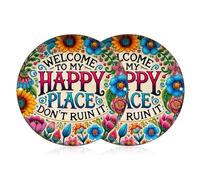 Vintage Wall Sign Welcome to My Happy Place Don't Ruin It, 8/12/16 Inch Vintage Round Metal Sign for Home Garden Farm Bar or Café Wall Decor (12in-2pcs)