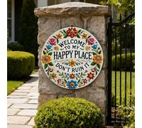 Vintage Wall Sign Welcome to My Happy Place Don't Ruin It, 8x8 Inch Round Metal Wall Sign, Rust-Proof Weather-Resistant Decor for Home, Garden, Farm, Bar, Café (A)