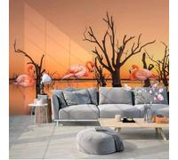 Vintage Warm Beautiful Trees Flamingo River 3D Wallpaper Silky Texture Home Study Office Grey Dining Room Sofa Bedroom Living Room TV Backdrop-200cm×140cm