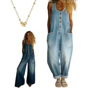 Vintage Washed Cotton Denim Overalls, 2026 New Wide Leg Jumpsuits for Women, Button Design & Straps Adjustable, Breathable, Creating a Flattering Shape, Easy to Wear, Easy to Style(B,2XL)