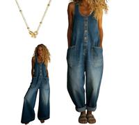 Vintage Washed Cotton Denim Overalls, 2026 New Wide Leg Jumpsuits for Women, Button Design & Straps Adjustable, Breathable, Creating a Flattering Shape, Easy to Wear, Easy to Style(D,XL)