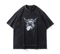 Vintage Washed Men's Hip Hop T Shirt with Funny Doberman Dog Print, Casual Short Sleeve Cotton Top Suitable for Daily Wear and Vacation Activities (3XL Black)