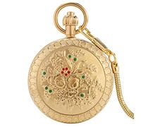 Vintage Watch, Relief Golden Pocket Watch Automatic Mechanical Movement Male Arabic Numeral Dial Alloy Chain Women Thick Chain Pendant