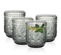 Vintage Water Glasses Set of 4 Drinking Glasses Set Colourful Glass 380 ml Coloured Water Glasses Dishwasher Safe Modern Flower Embossed Design for Camping, Parties, Everyday Office Family Dinners