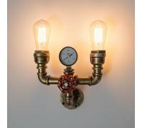 Vintage Water Pipe Wall Sconce E27 Rustic Twin Industrial 12.5cm Pipe Wall Lamp Double Steampunk Rustic Up Light with Gauge Valve Tap Retro Lights for Living Room, Hallway, Restaurant, Bar (style 1)