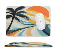 Vintage Watercolor Palm Tree Stitched Edge Mouse Pad,Rustic Mid Century Beach Palm Tree Ocean Red Sun Soft Mousepad with Non-Slip for Office,Home 11.8"x9.8"