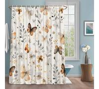 Vintage Watercolor Shower Curtain with 12 Hooks Butterfly Flower Plants Leaves Boho Beige Waterproof Fabric Shower Curtains Sets for Bathroom Bath Decorations, Machine Washable, 36"x72"