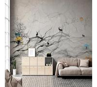 Vintage Watercolour Line Landscape Elk Rising Sun 3D Wallpaper Silky Texture Home Study Office Grey Dining Room Sofa Bedroom Living Room TV Backdrop-350cm×256cm