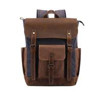 Vintage Waxed Canvas Backpack, Crazy Horse Leather Flap Edge Design, Can Accommodate 16-inch Laptop, Large Capacity Work Backpack, Retro Brass Hardware, Multi-pocket Casual Day Backpack(Gray)