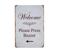 Vintage Welcome Please Press Buzzer Arrow Scroll Metal Tin Sign
